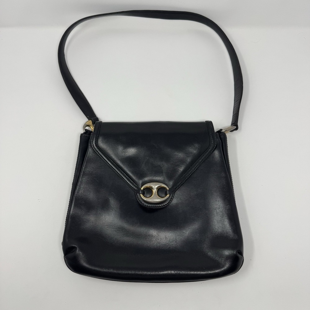 Vintage‎ Authentic 1970s Black Leather Gucci Italy Shoulder Bag BO72